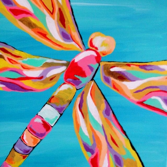 A multicolored acrylic painting of a dragonfly body and wings